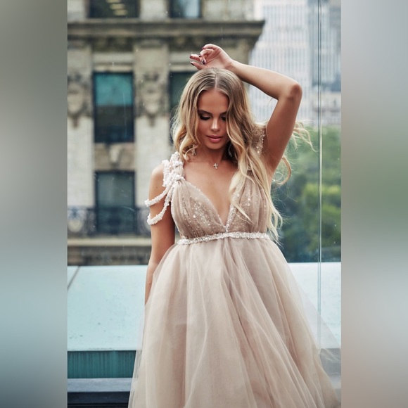 Beige cocktail dress, Beaded evening Midi dress, Airy Party dress,Wedding beige - Picture 10 of 14